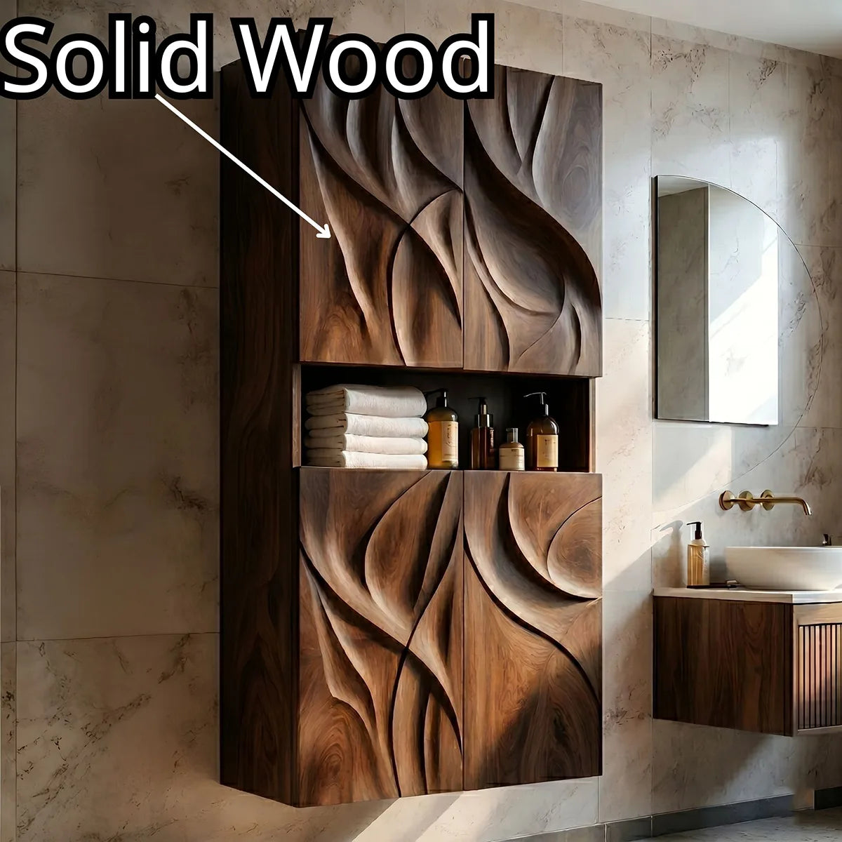 Handcrafted Solid Wood Wall Storage Cabinet Sculpted Bathroom Cabinet