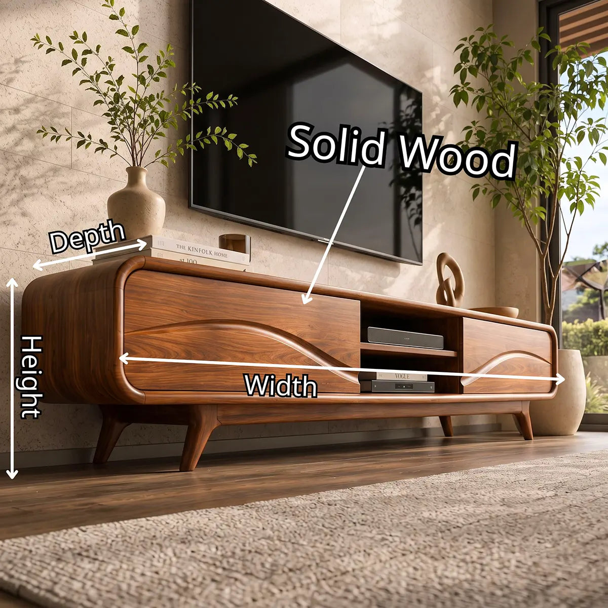 Modern TV Stand with 2 Open Shelves & Enclosed Storage | Sculptural Wave Media Console TT006-7PJS6KB
