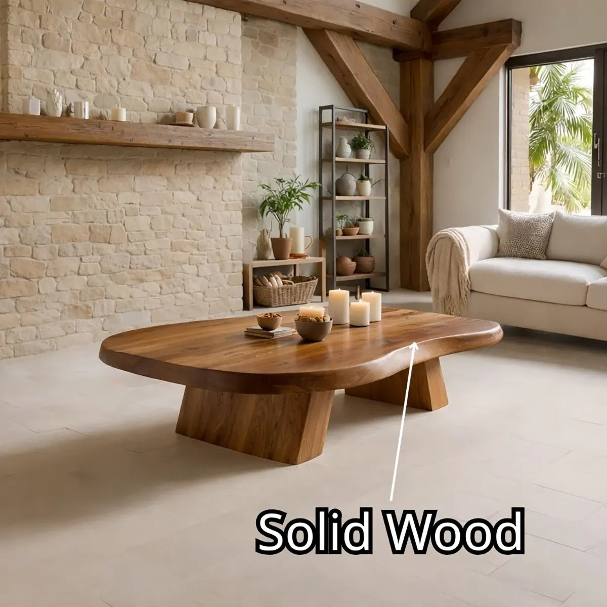 Large Organic Solid Wood Coffee Table with Tapered Pedestal Base