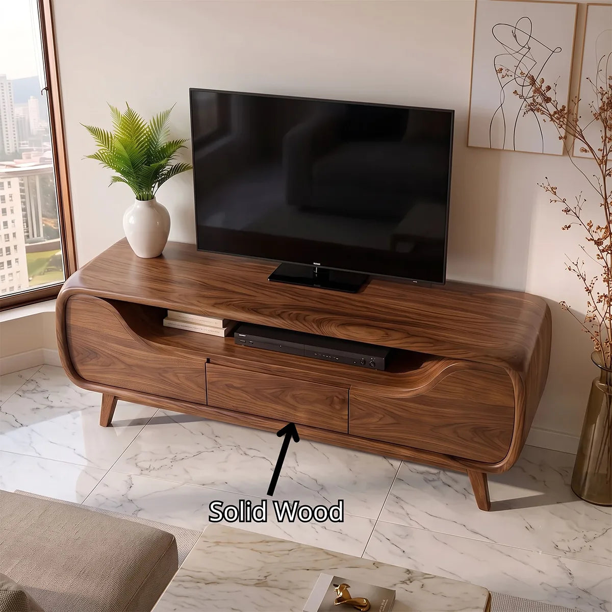 Modern Curved TV Stand with Drawer & Open Media Shelf | Sculptural Low Profile Console TH003-2WQM9UQ