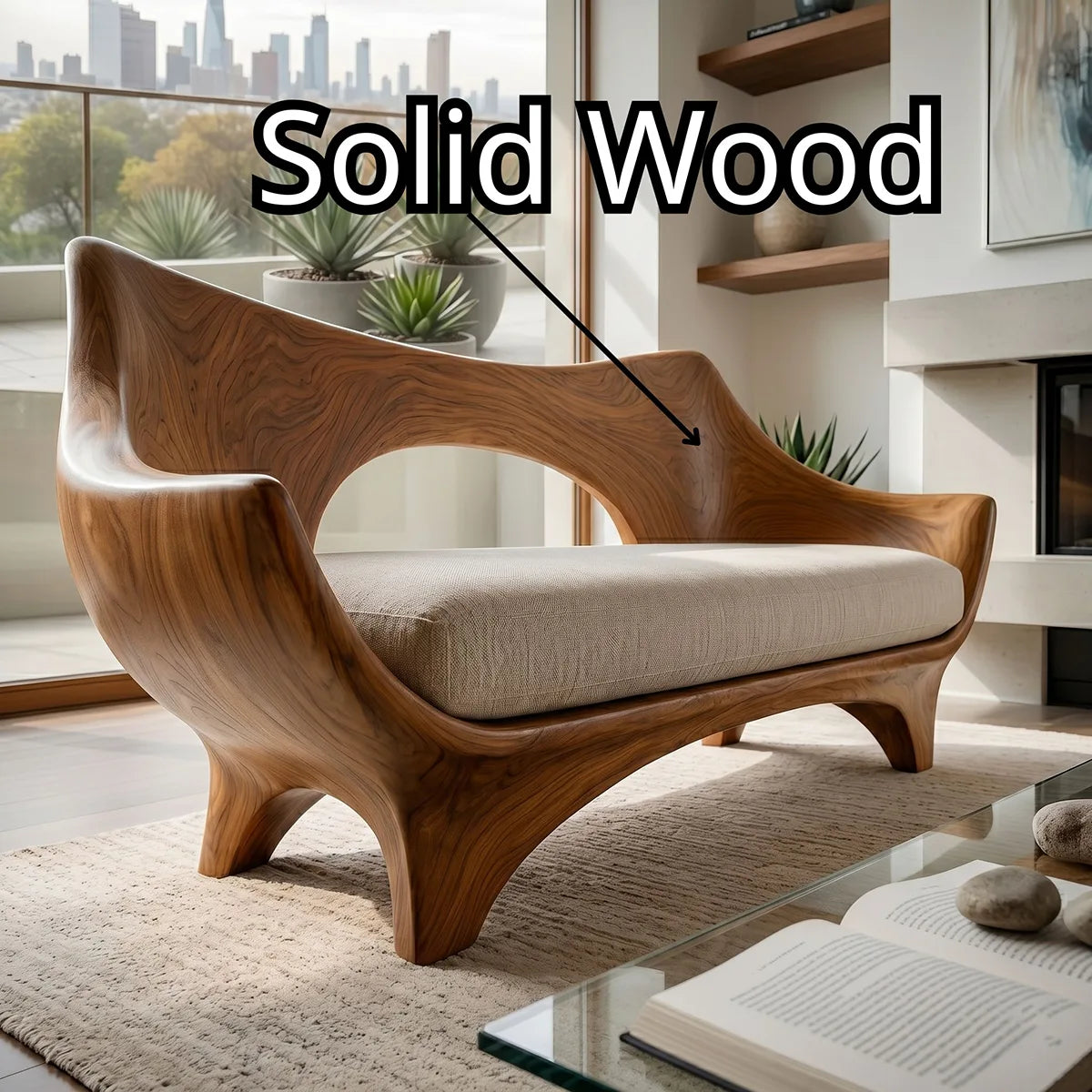 Luxury Organic Modern Wooden Sofa with Sculptural Curved Silhouette