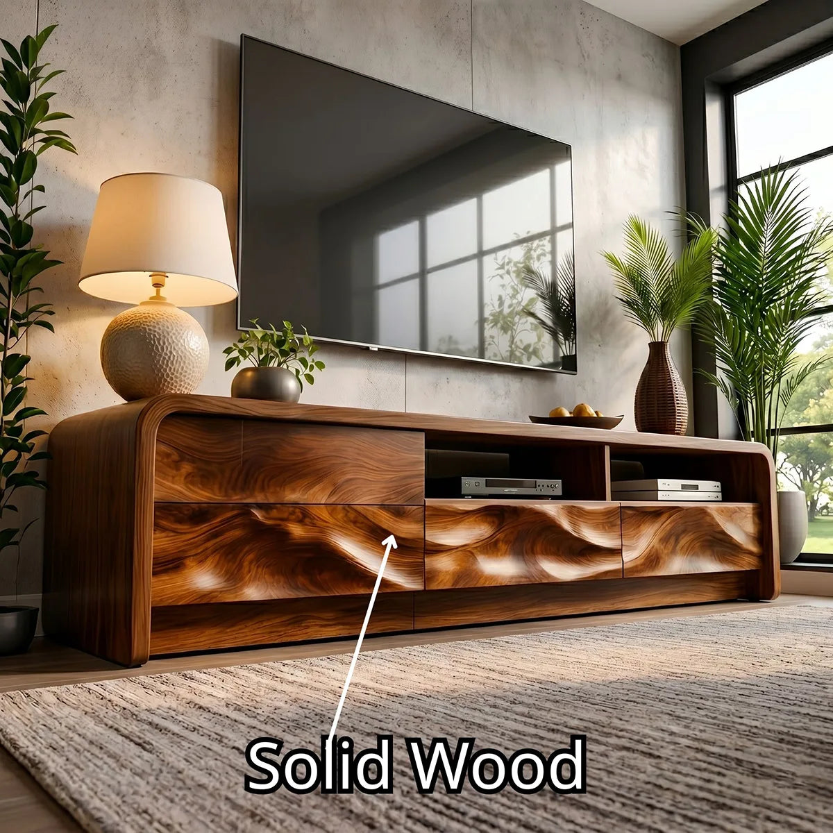 Modern Solid Wood Rounded TV Stand with Wavy Carved Drawers