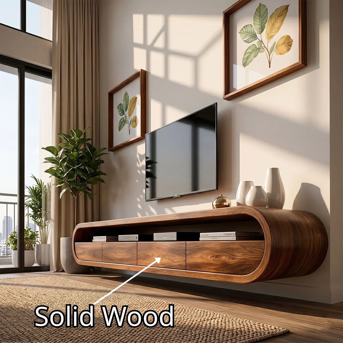Modern Solid Wood Floating TV Stand with Rounded Edges