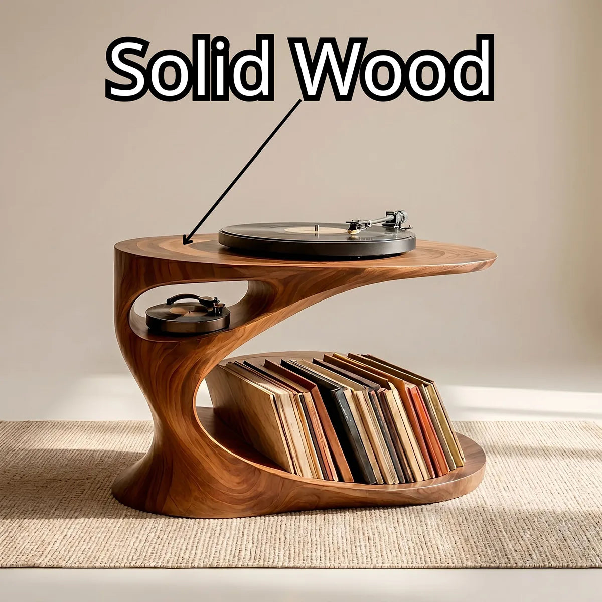 Elegant Solid Wood Record Player Stand with Curved Vinyl Storage
