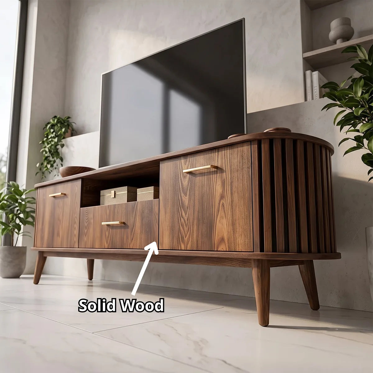 Mid-Century Modern TV Stand with 2 Cabinets & Drawer | Fluted Media Console TH003-4CGT3CA