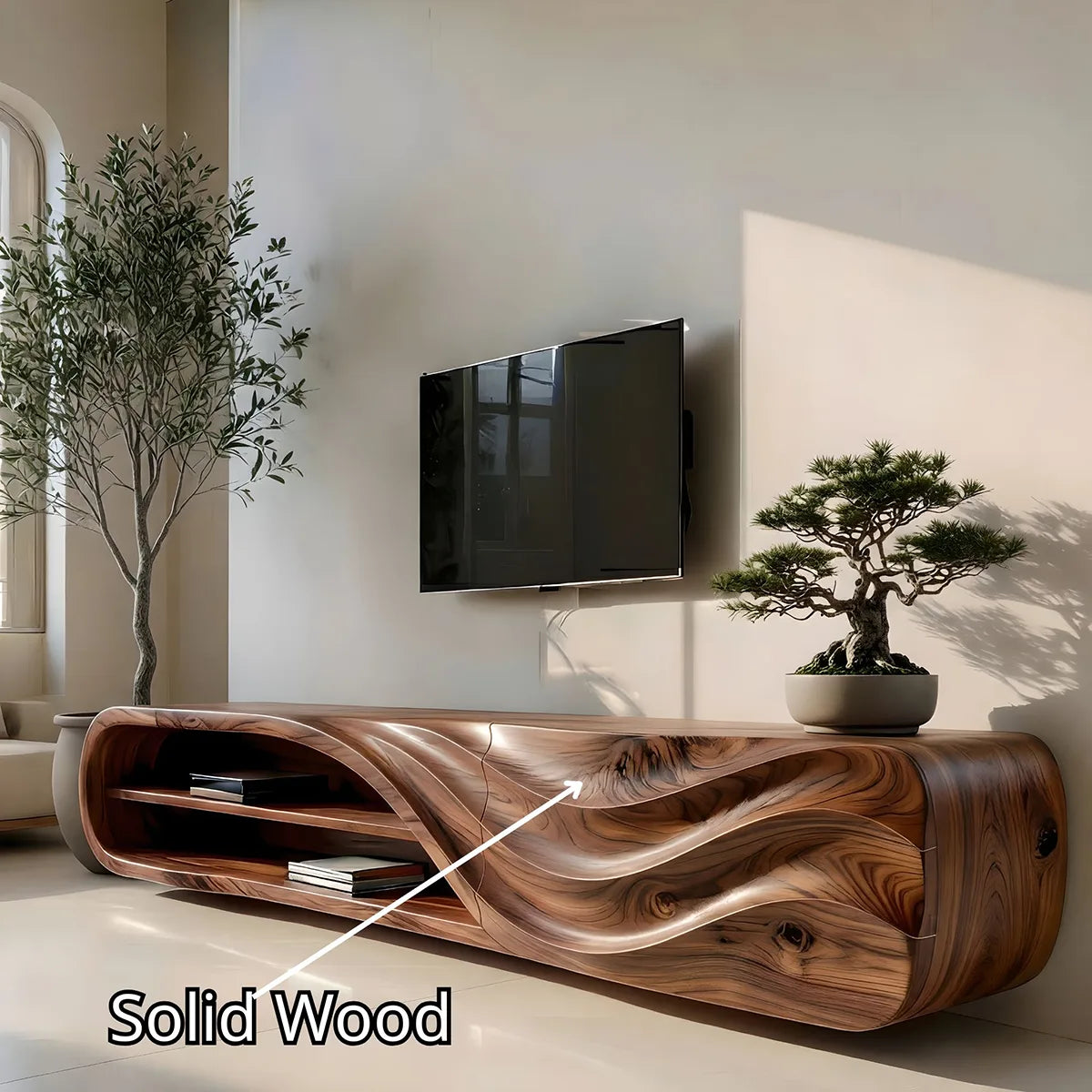 Modern Solid Wood Sculptural Wavy TV Stand with Open Shelving