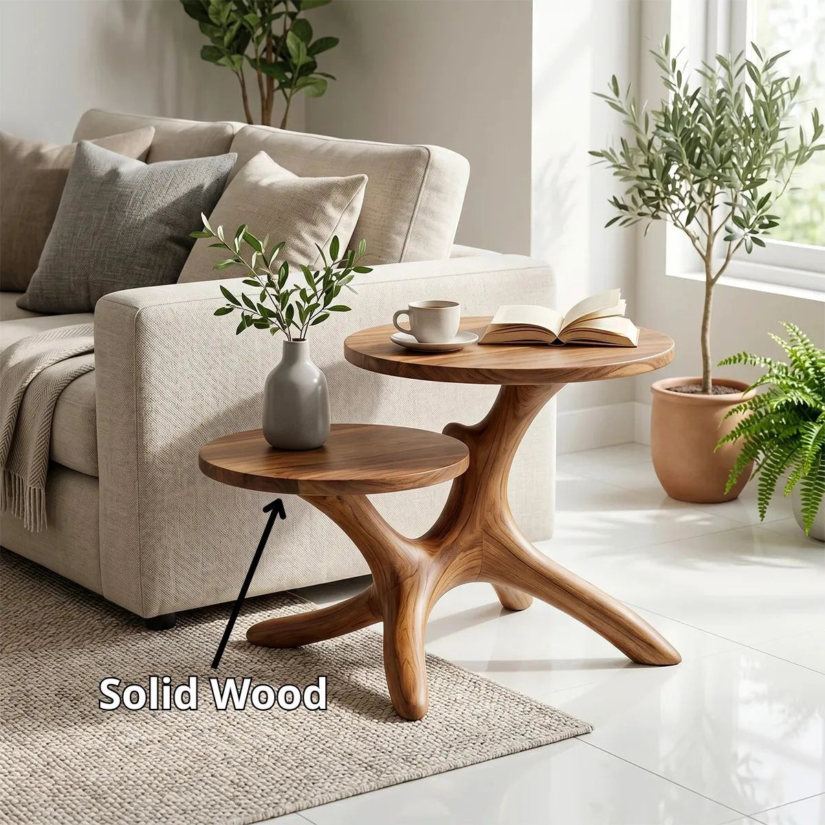 Handcrafted Solid Wood 2-Tier End Table – Sculptural Organic Side Table for Living Room TH003-8682