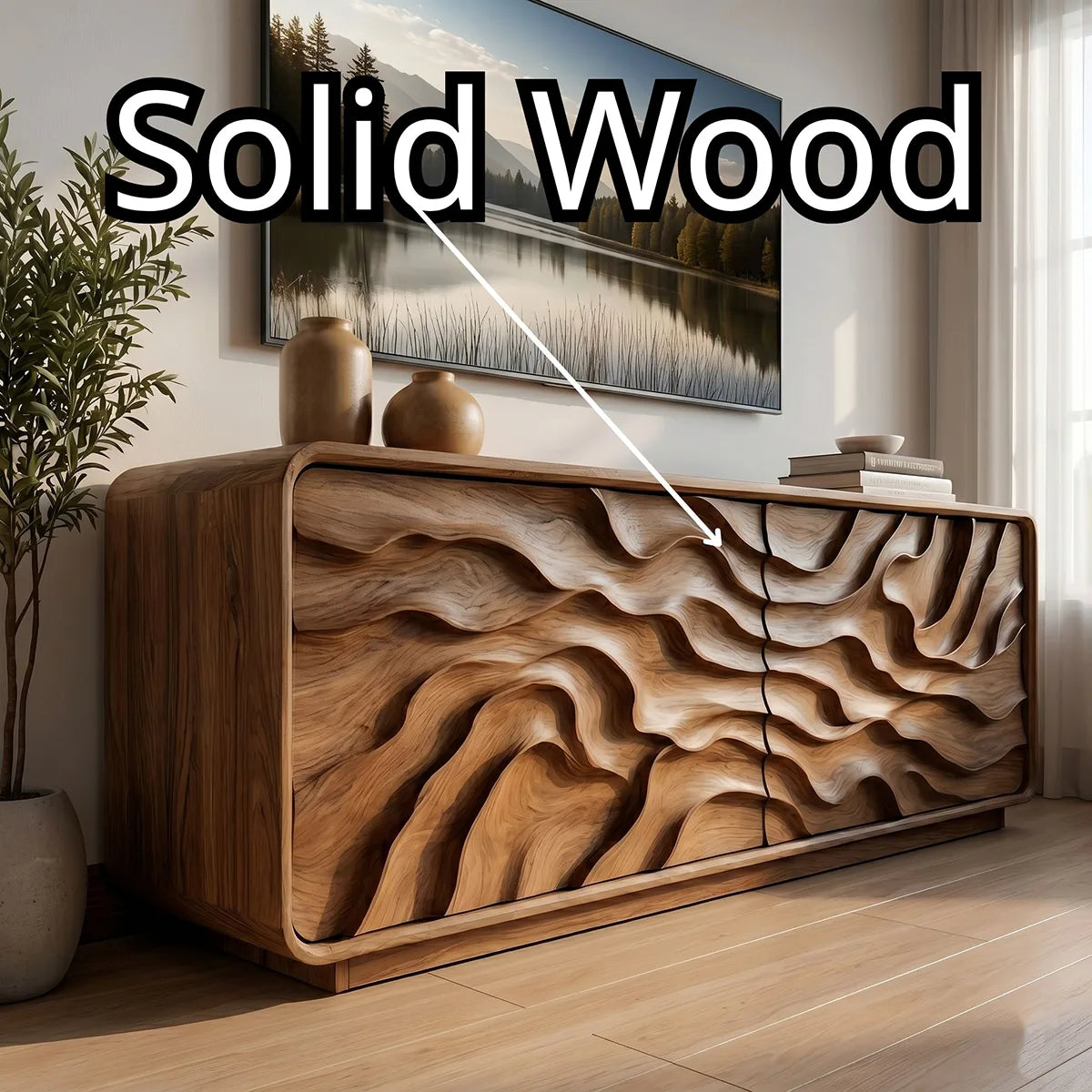 Modern Solid Wood Rounded TV Stand with Deep Wavy Sculptural Facade