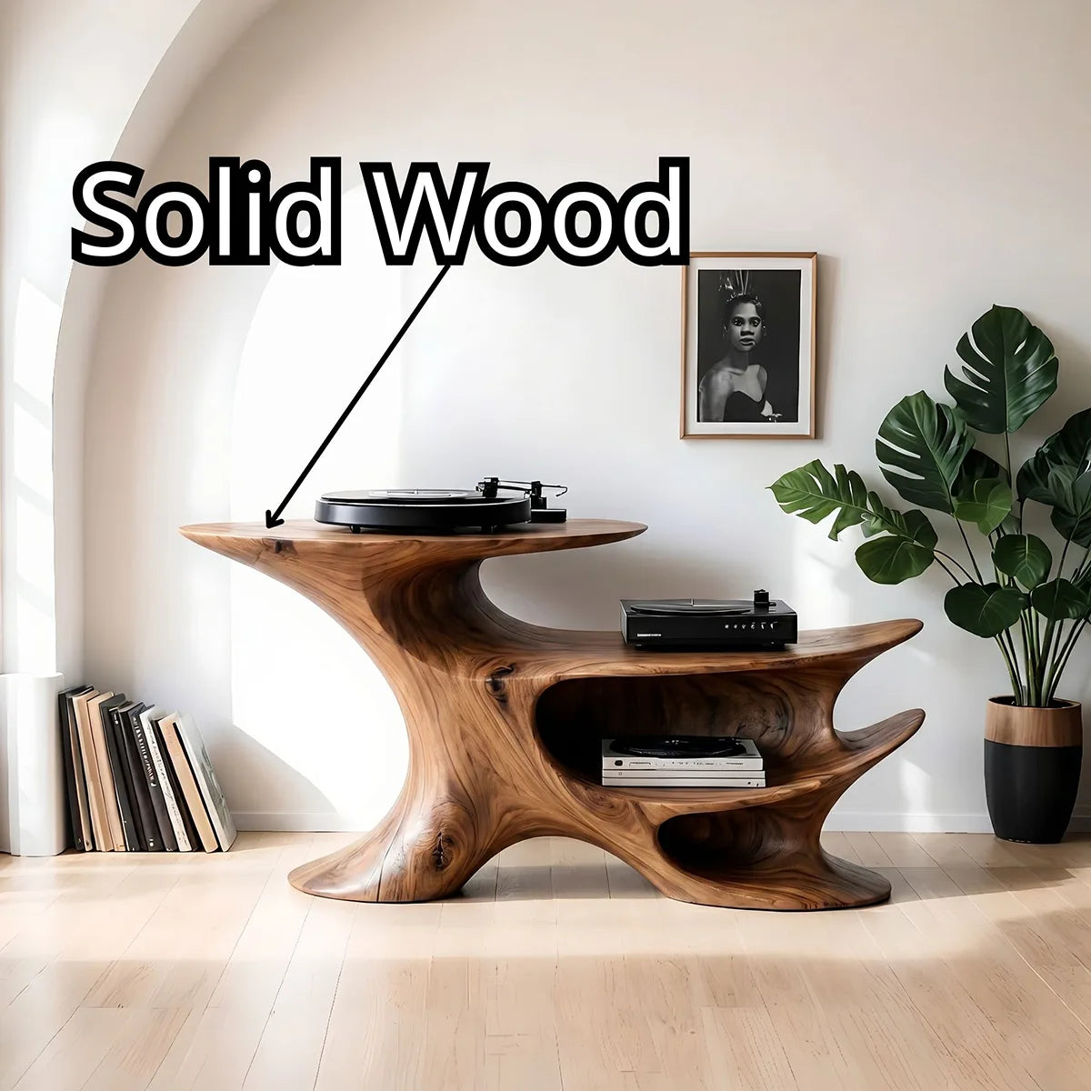 Luxury Solid Wood Record Player Console, Modern Organic Audio Stand with Open Shelves