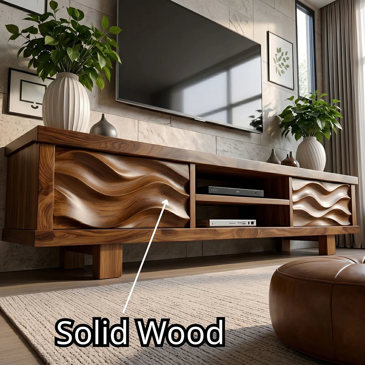 Modern Solid Wood Wavy Carved TV Stand with Open Shelving
