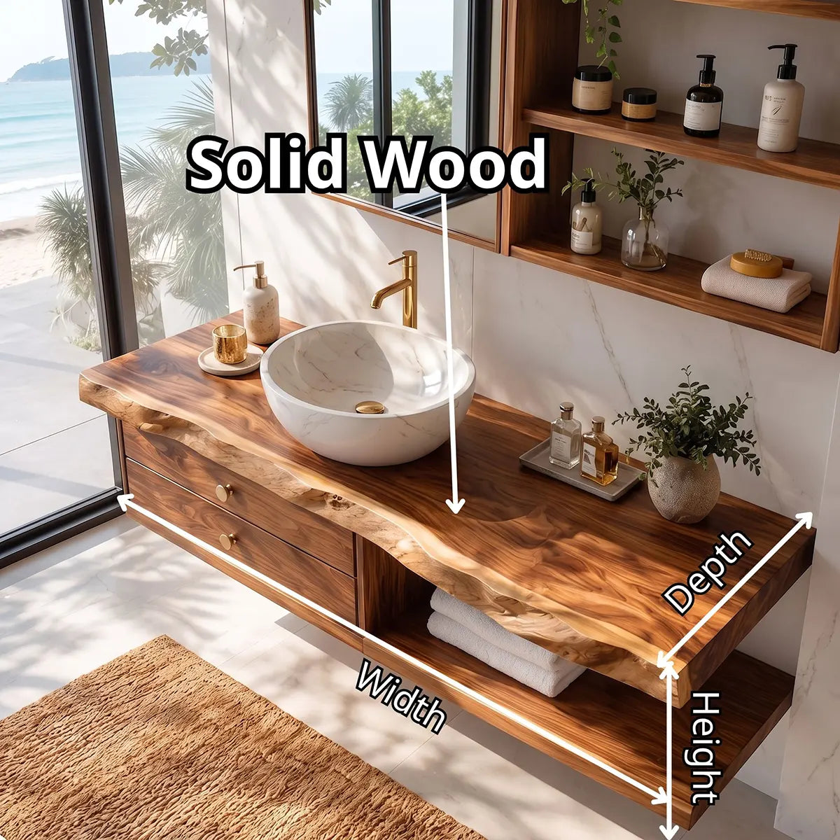 Live Edge Floating Bathroom Vanity | Wall Mounted Vanity with Drawers & Open Shelf TT006-4WJO5CA