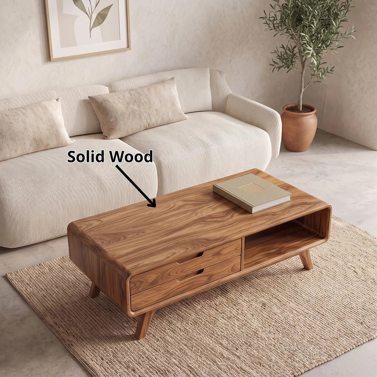 Modern Rectangular Coffee Table with 2 Drawers & Open Shelf | Mid Century Living Room Table TH003-1NPV4UT