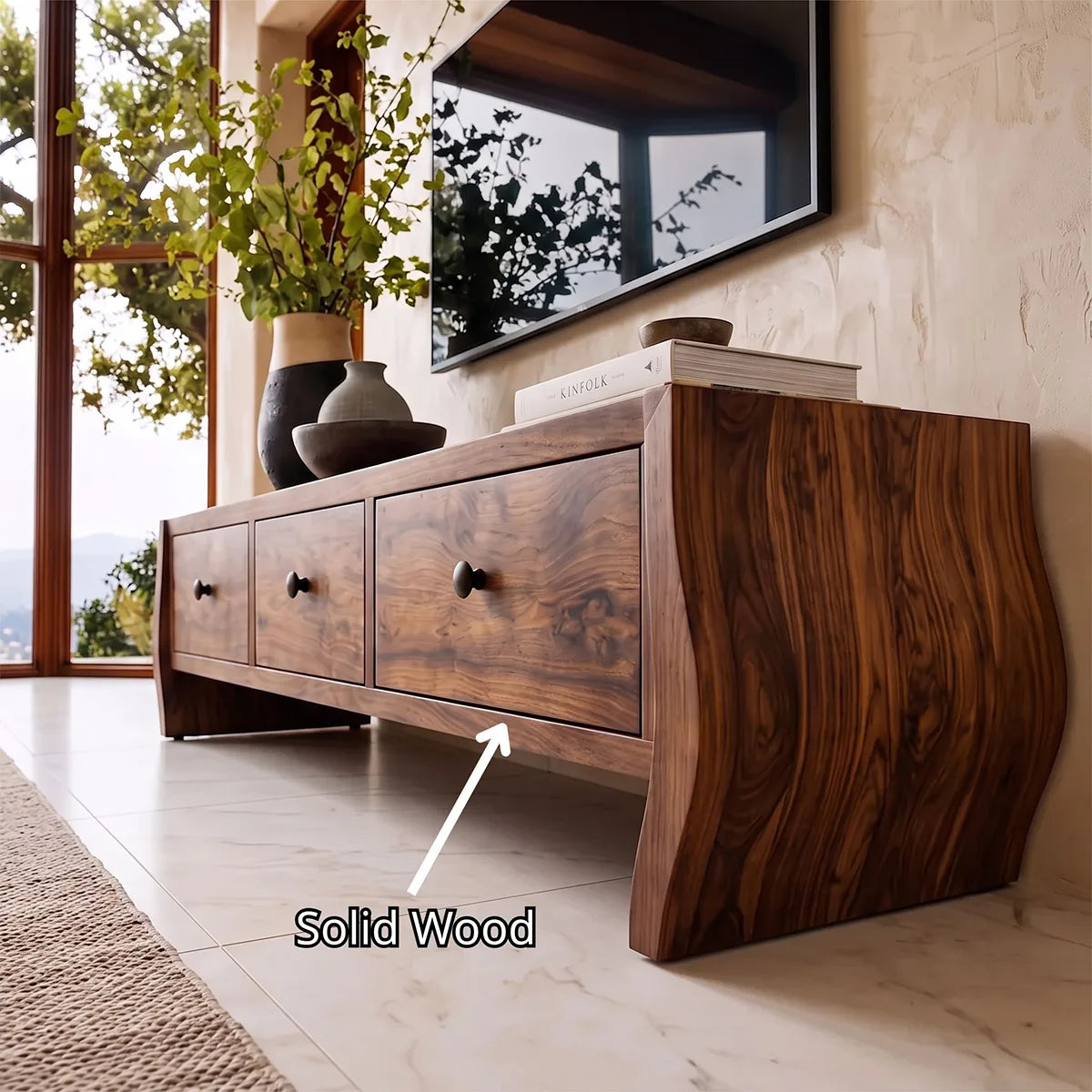 Modern TV Stand with 3 Drawers & Sculptural Curved Legs | Minimalist Media Console TH003-2IWI9LN