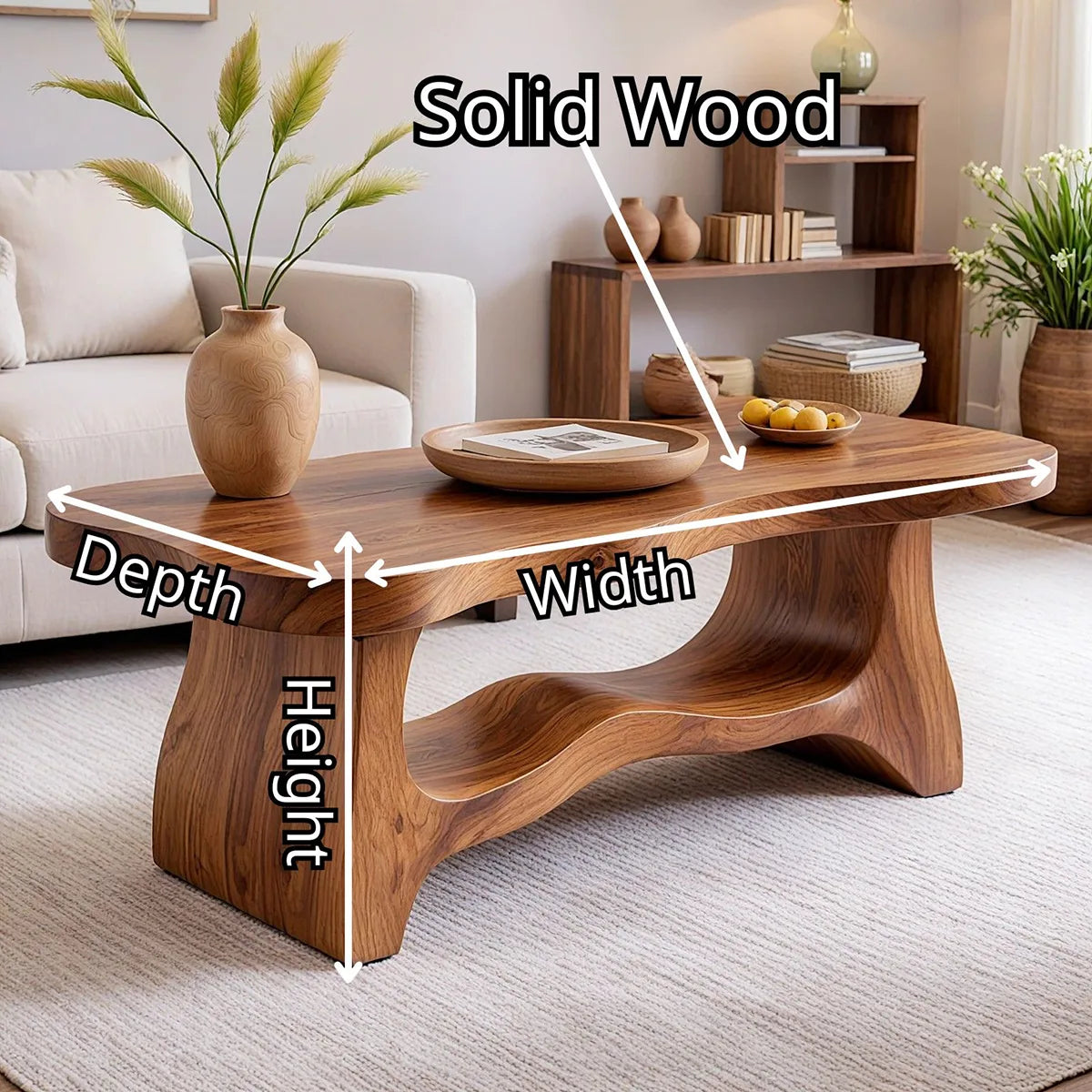 Handcrafted Solid Wood Coffee Table with Sculptural Open Shelf