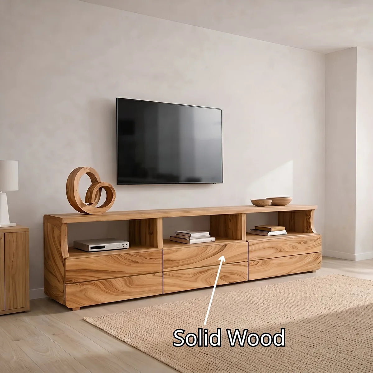 Modern Solid Wood TV Stand with Open Shelves and Drawers