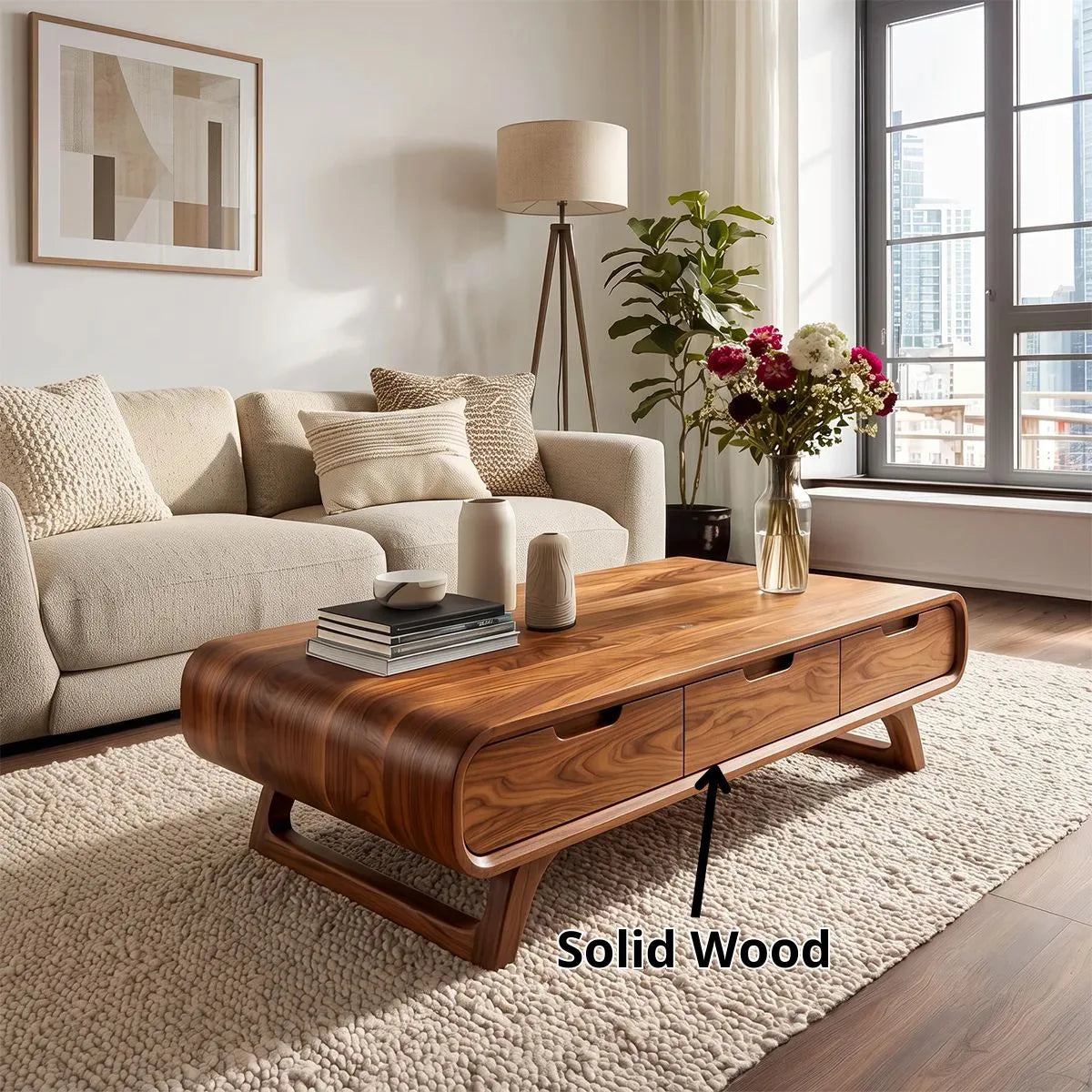 Modern Rounded Coffee Table with 3 Drawers | Mid Century Living Room Storage Table TH003-6LLU2ZO