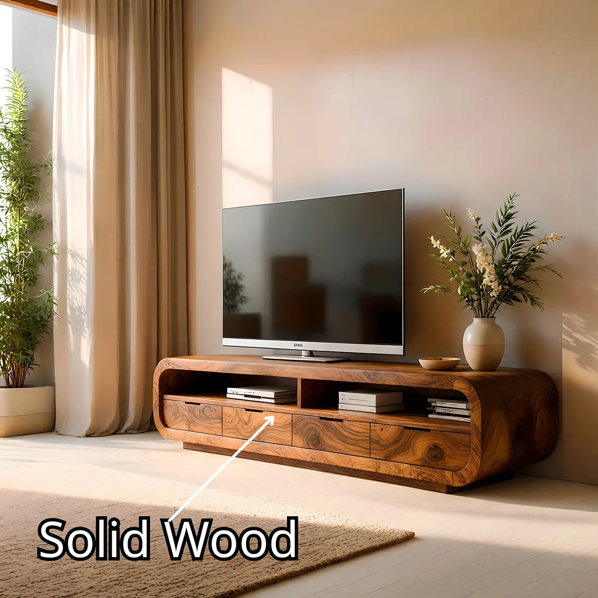 Modern Solid Wood Rounded TV Stand with Drawers