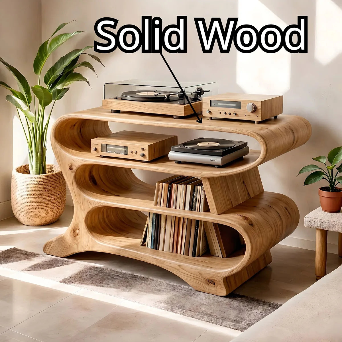 Solid Wood Record Player Stand, Wave-Shaped Curved Vinyl Storage Cabinet