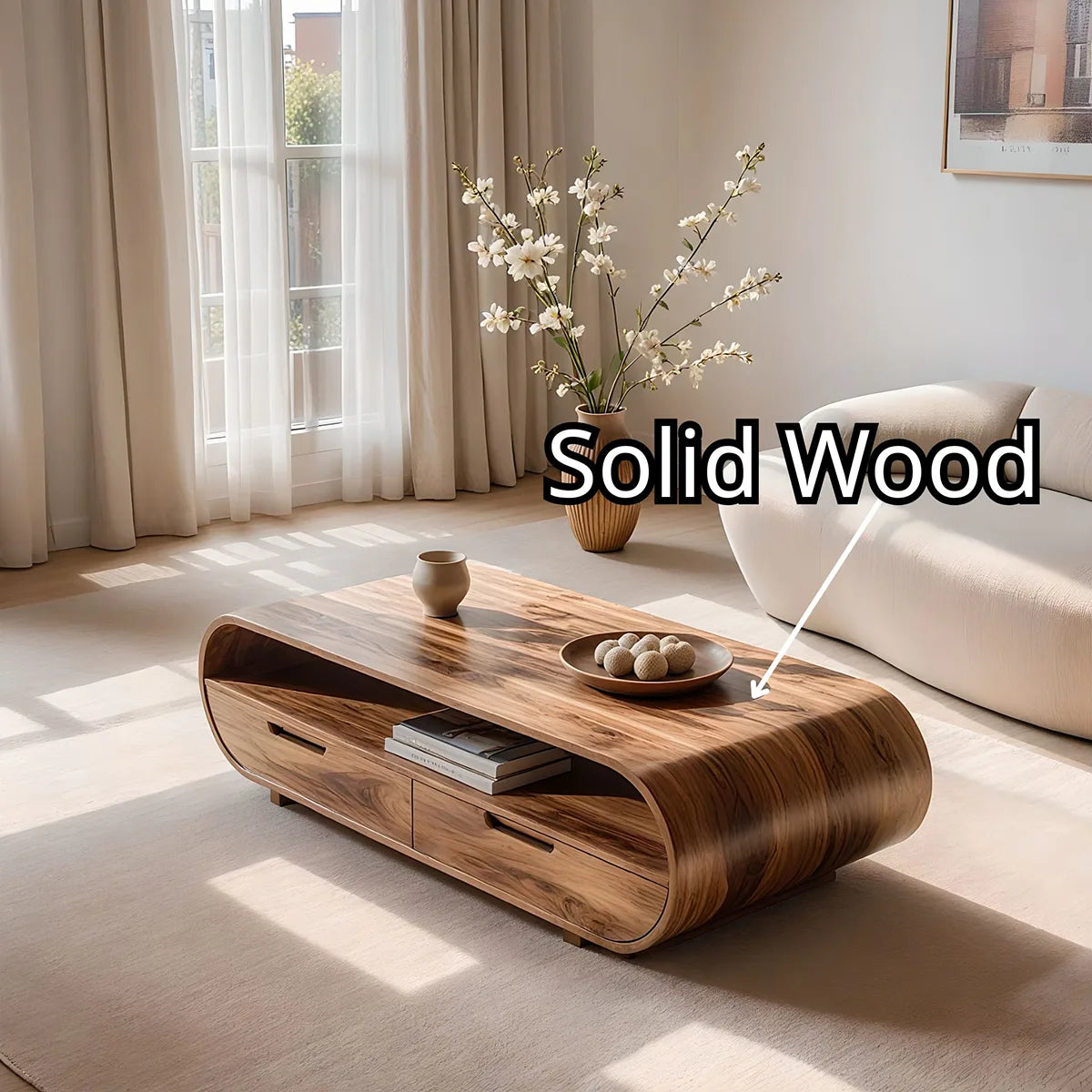Handcrafted Solid Wood Curved Coffee Table with Drawers and Open Shelf