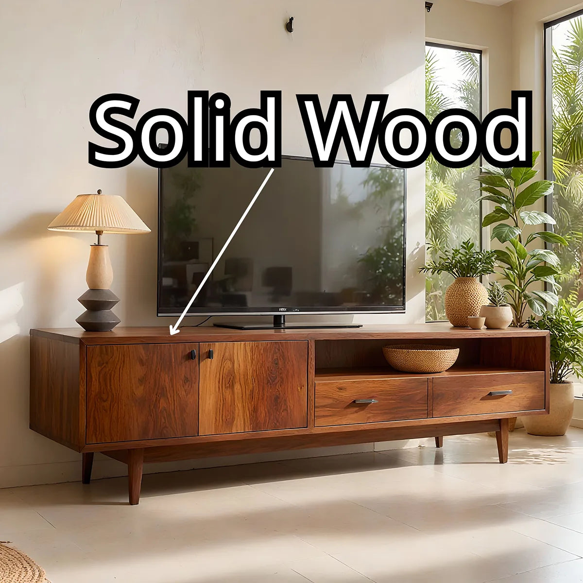 Mid Century Modern Solid Wood TV Stand with Mixed Storage