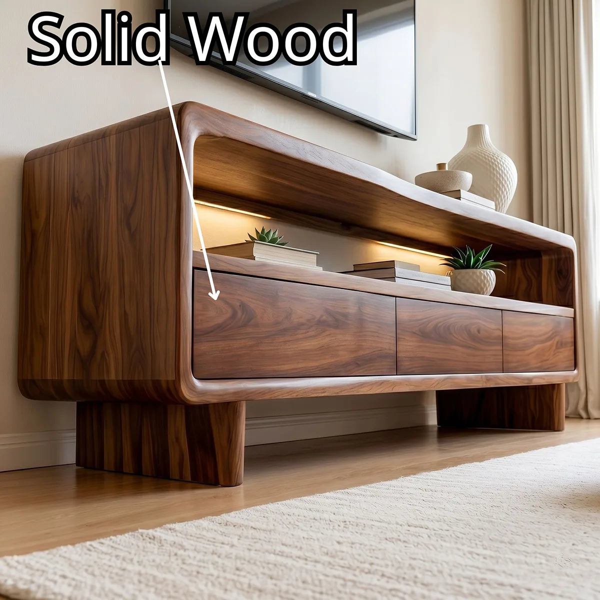 Modern Solid Wood Geometric Sculptural TV Stand