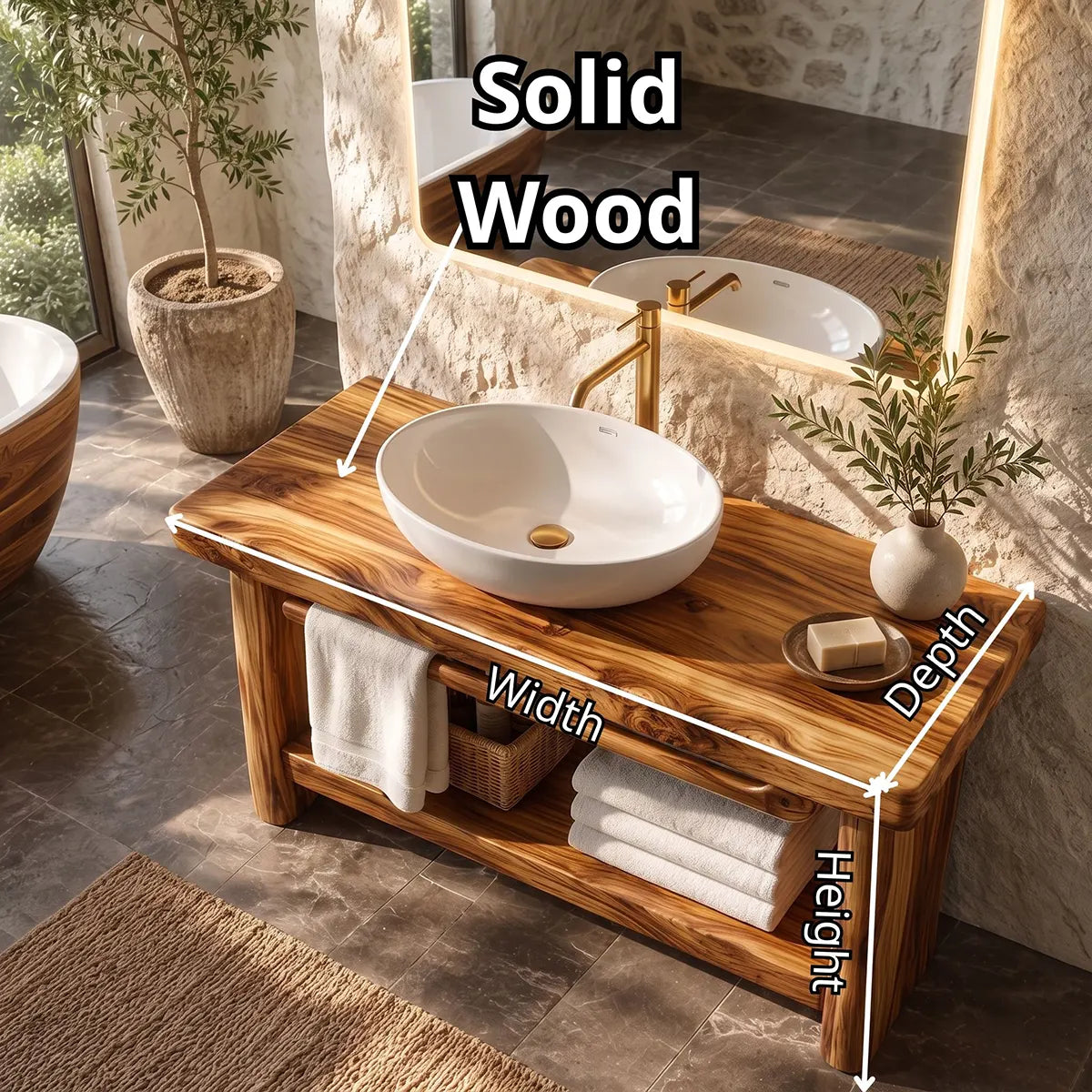 Freestanding Bathroom Vanity with Open Shelf & Towel Bar | Organic Modern Design TT006-4KEH4XG