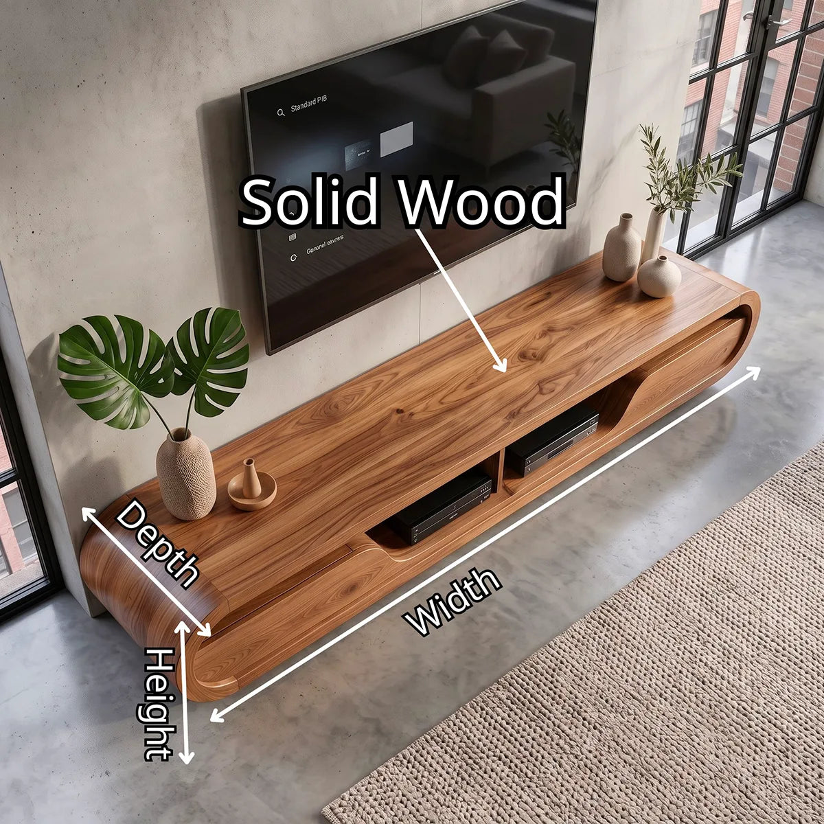 Modern Curved TV Stand with 2 Open Media Compartments | Sculptural Low Profile Console TT006-4KOT9JE