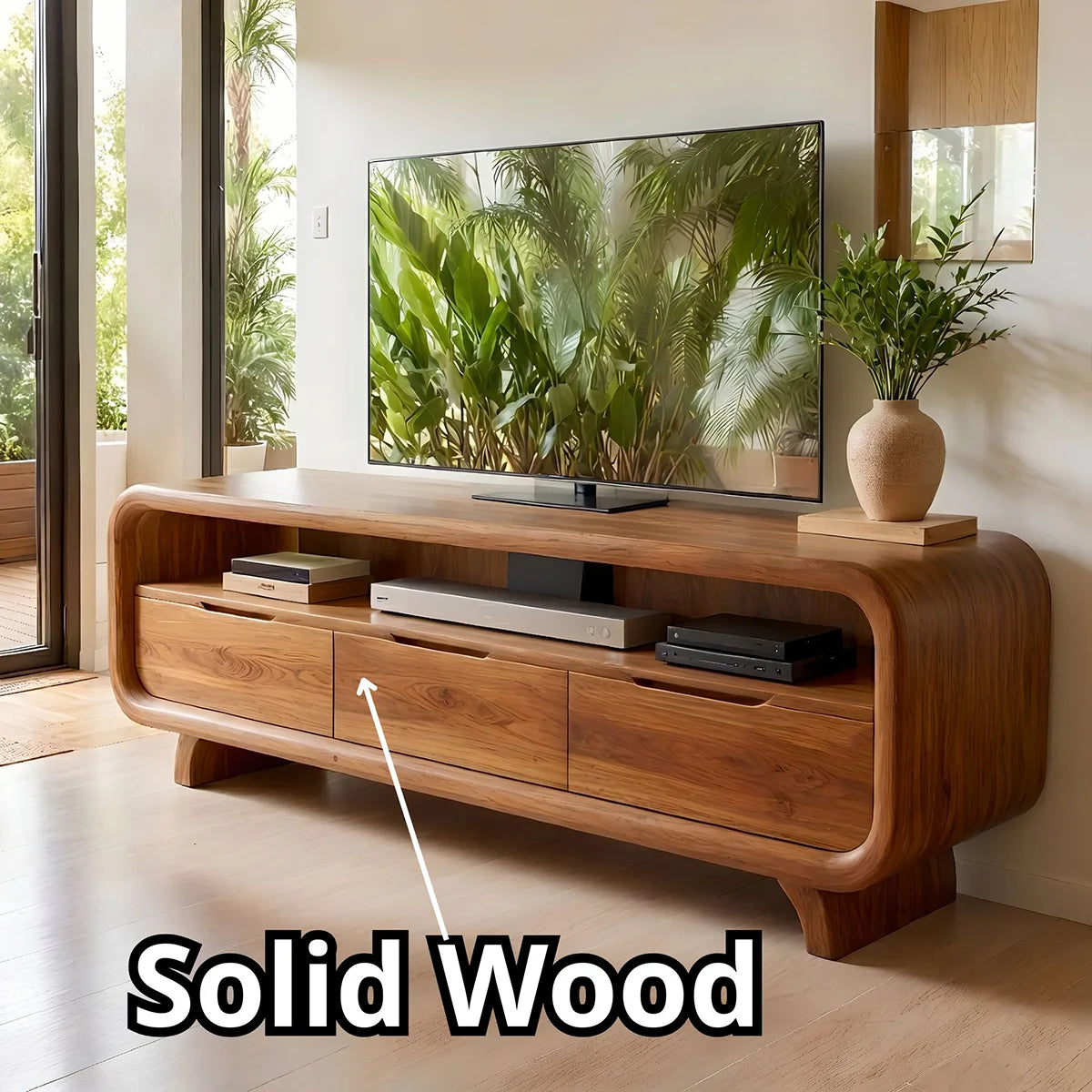 Modern Solid Wood Rounded TV Stand with Three Drawer Storage