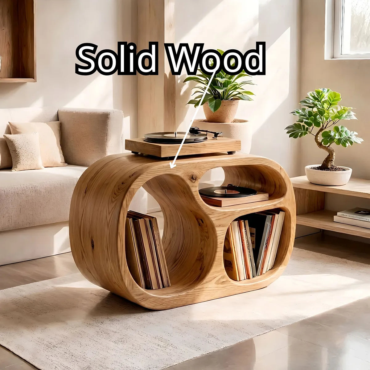 Sculptural Solid Wood Record Player Stand & Vinyl Storage Cabinet