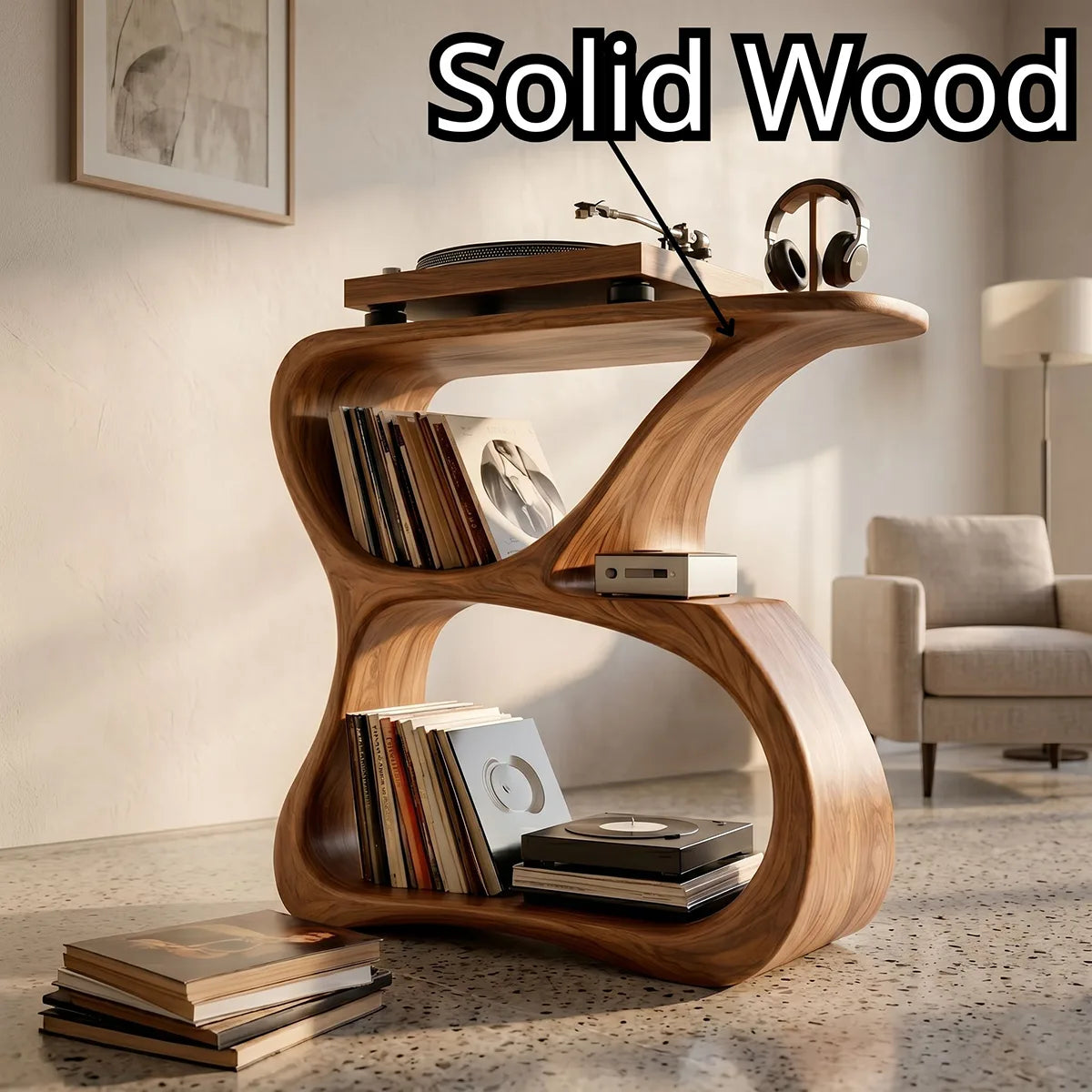 Luxury Solid Wood Record Player Stand, Curved Wooden Vinyl Storage Cabinet