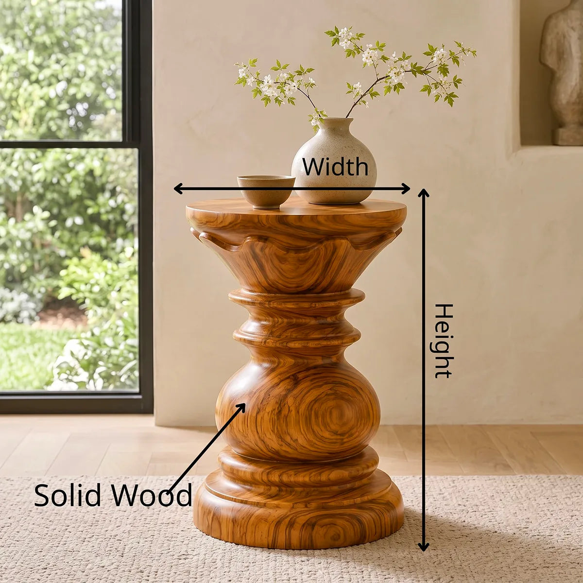 Sculptural Crown Pedestal Wood End Table | Round Carved Side Table TT006-9TFS8ZN