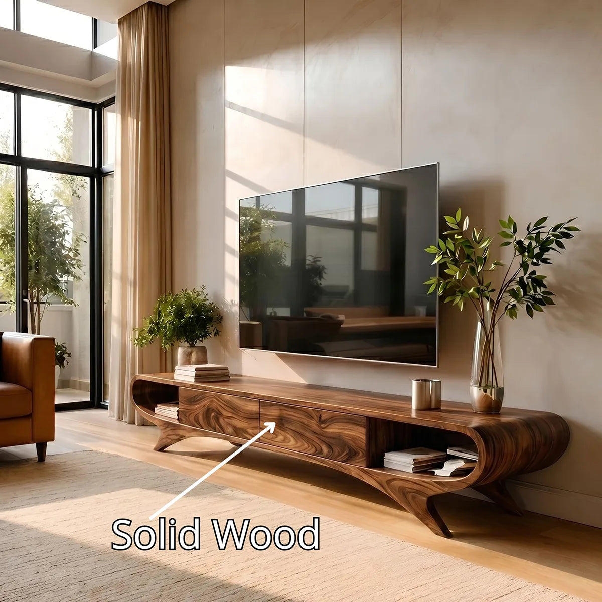 Modern Solid Wood Sculptural Curved TV Stand
