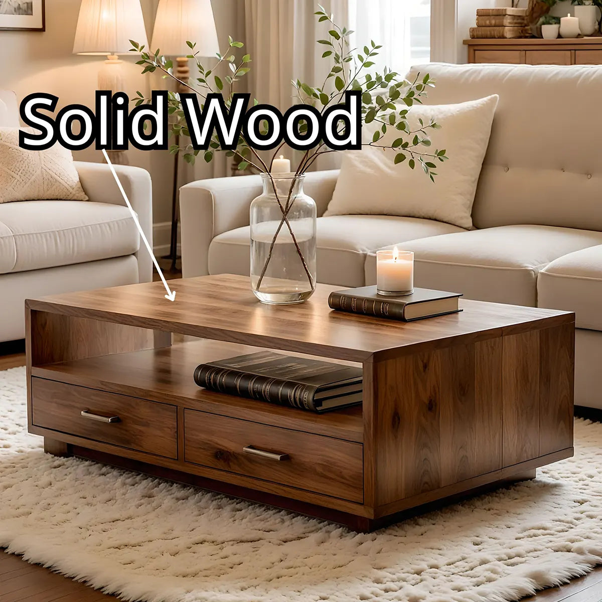 Modern Wood Coffee Table with Storage Drawers and Open Shelf