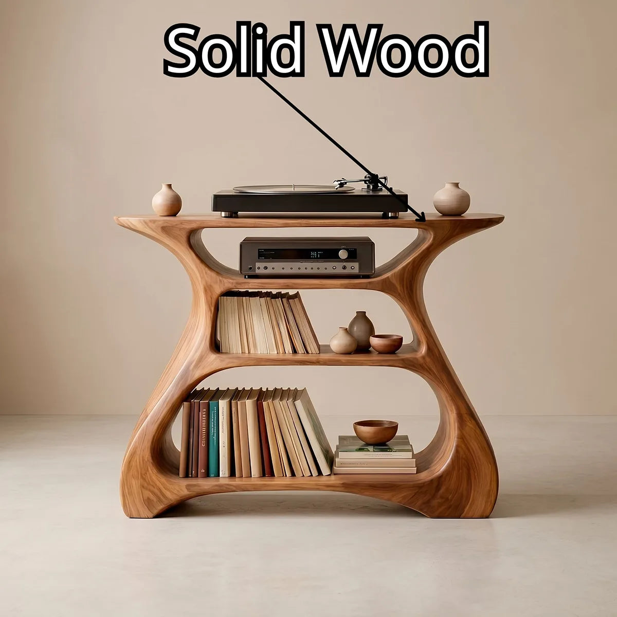 Solid Wood Record Player Stand, Modern Curved Vinyl Storage Console with Open Shelves