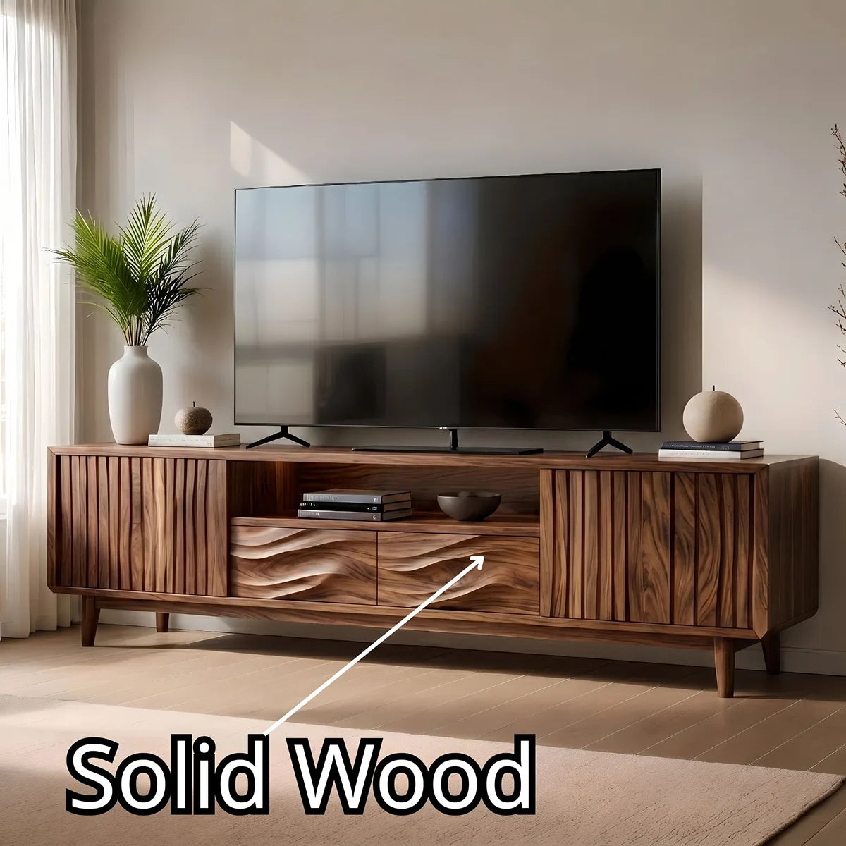 Mid Century Modern Solid Wood Fluted and Wavy Carved TV Stand