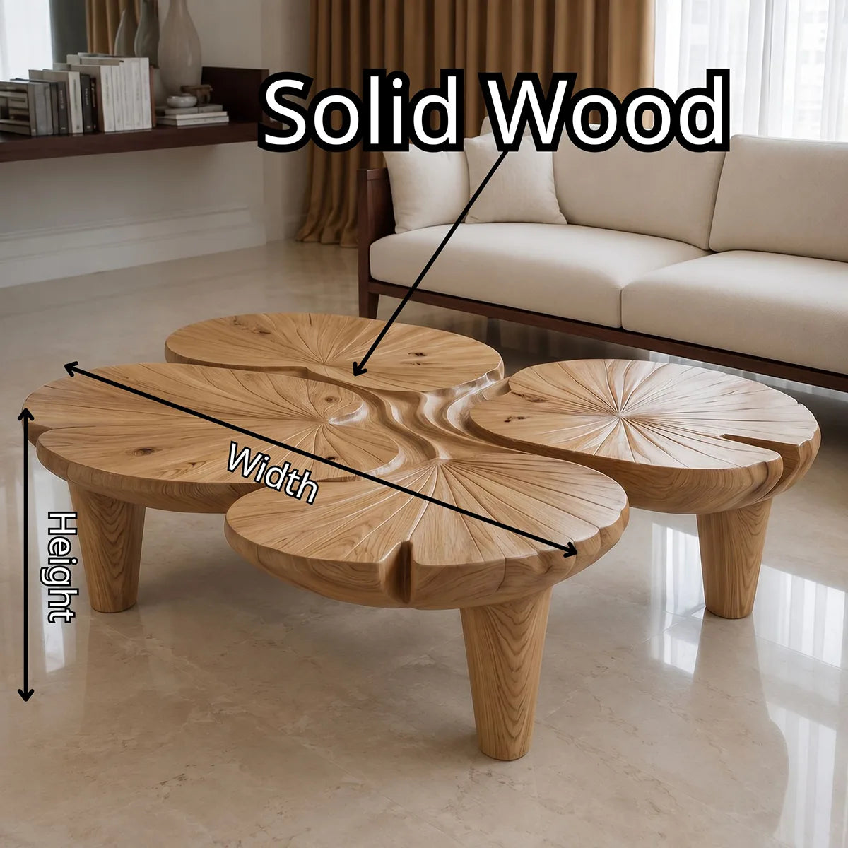Handcrafted Solid Wood Coffee Table with Sculpted Lotus Leaf Top TT006-3336