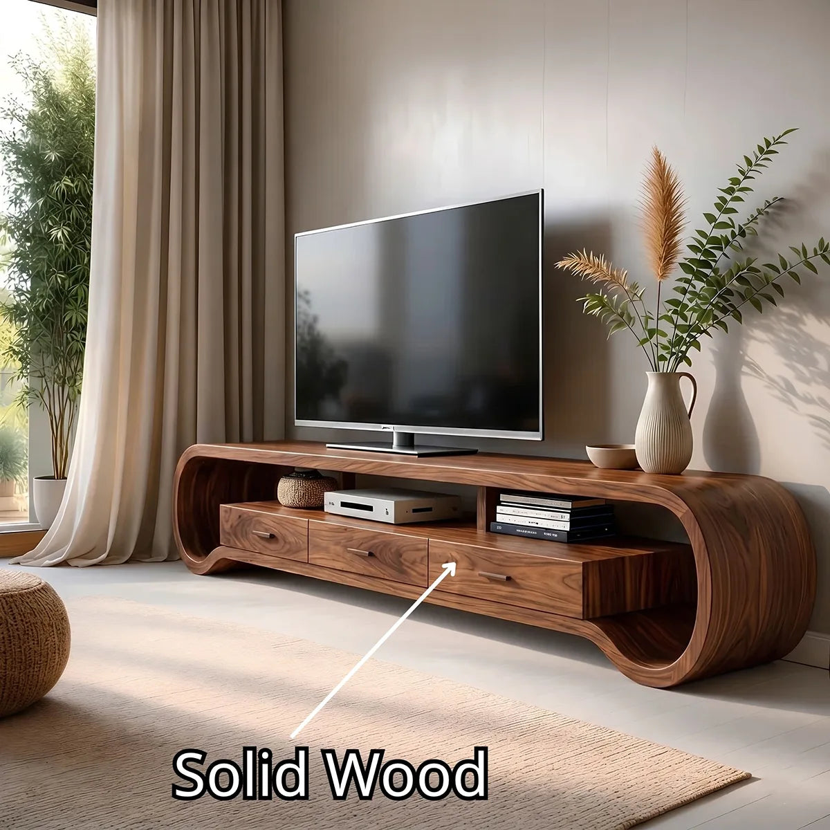 Modern Solid Wood Sculptural Loop TV Stand with Drawers