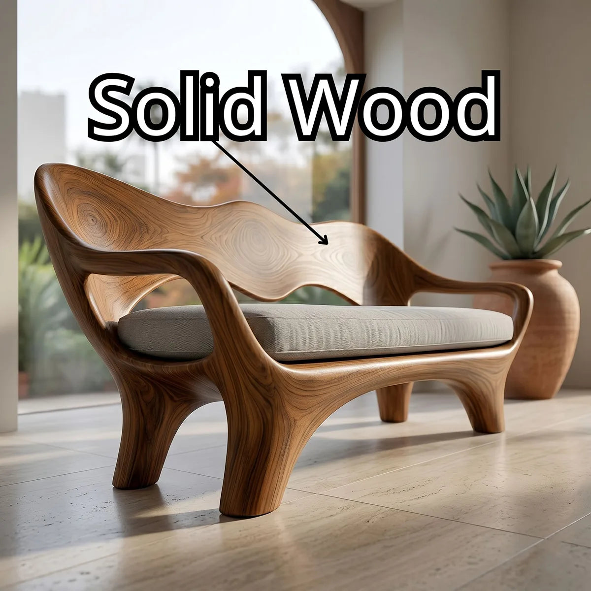 Luxury Sculptural Wooden Sofa with Organic Flowing Backrest Design