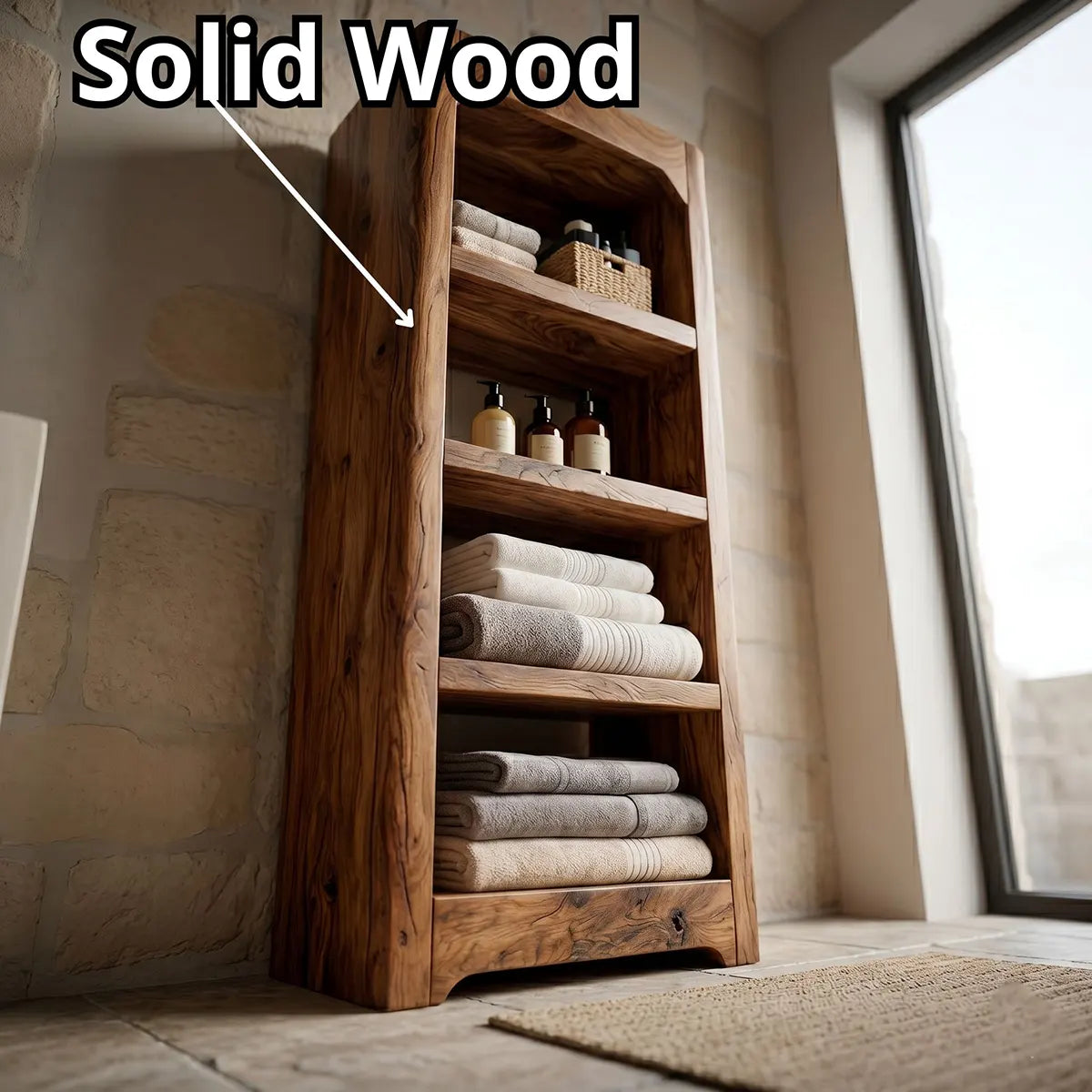 Tall Solid Wood Open Shelf Bathroom Storage Cabinet