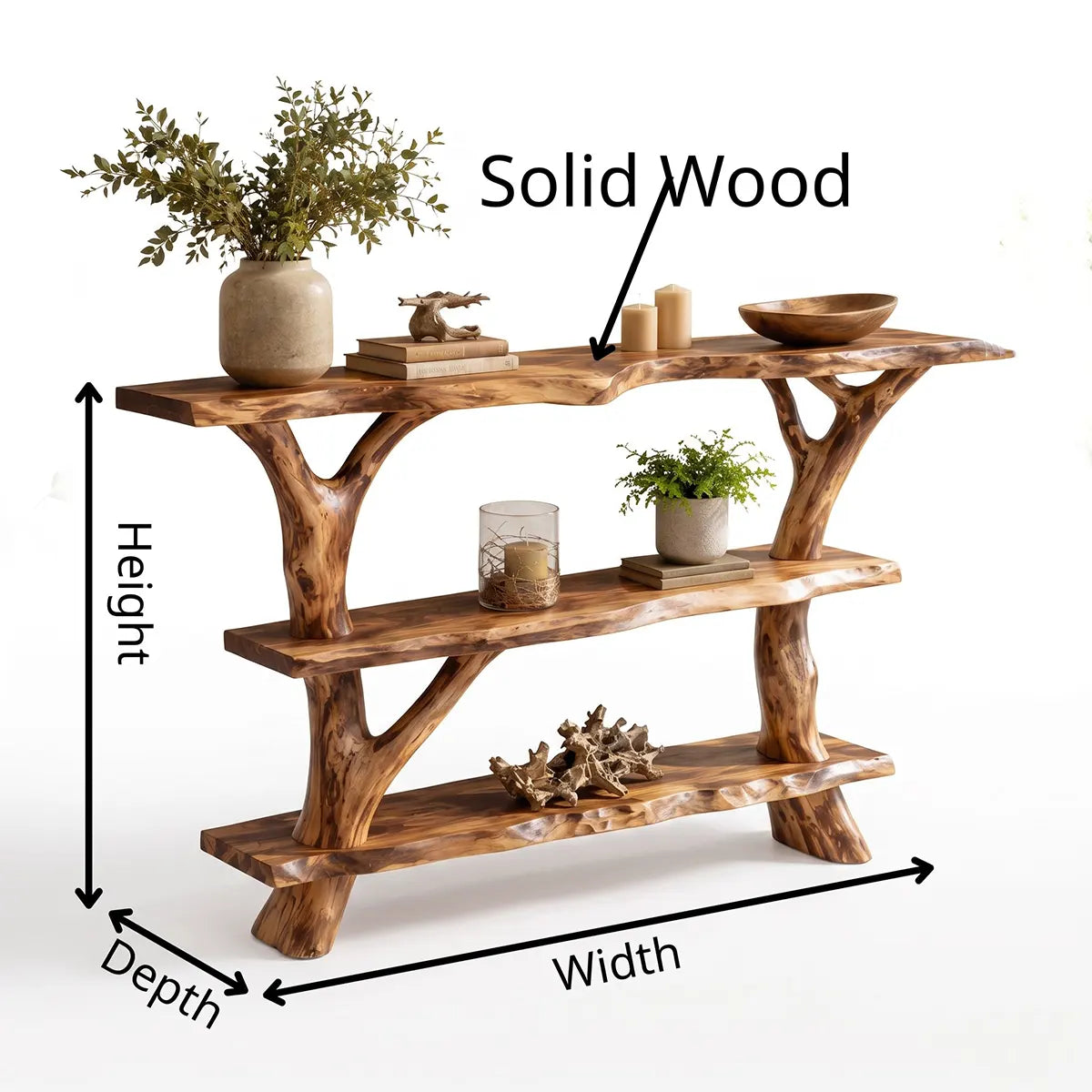 Rustic Live Edge Console Table | Solid Wood Entryway Console with Branch Base & Open Shelving TT006-1809