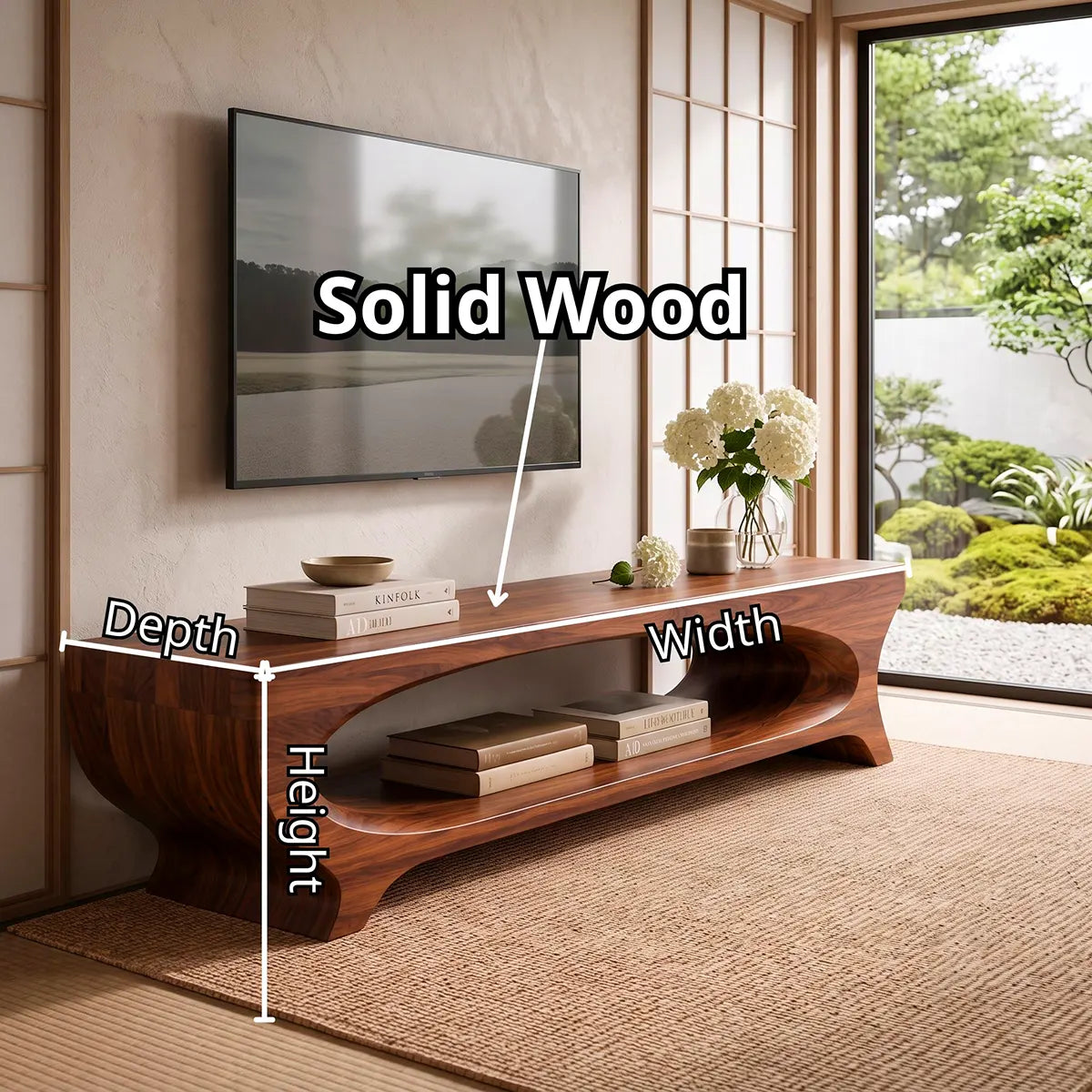 Sculptural Curved TV Stand with Large Open Shelf | Modern Low Profile Media Console TT006-7JCI6KI