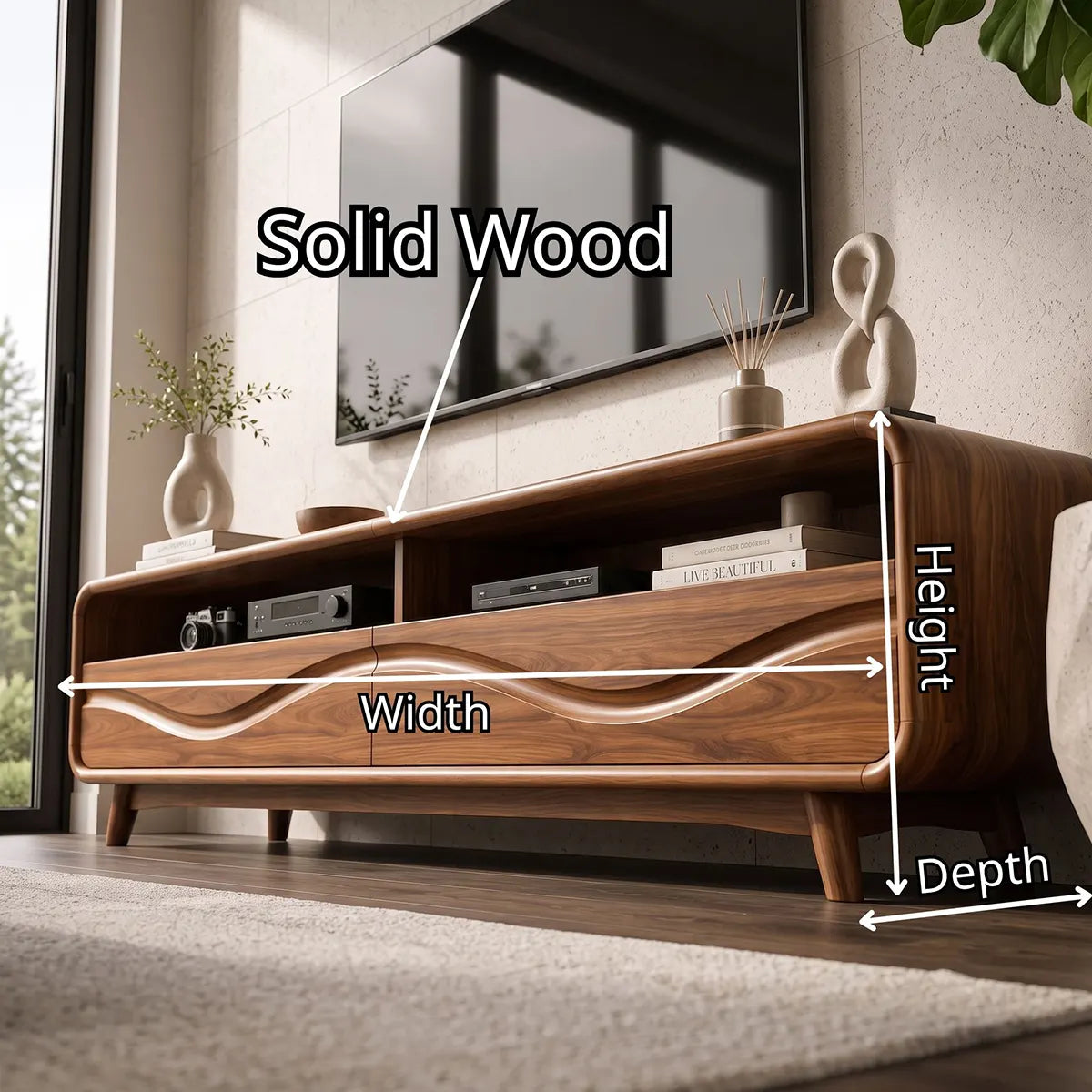 Modern TV Stand with 2 Open Shelves & Enclosed Storage | Sculptural Curved Media Console TT006-5OJR9XY