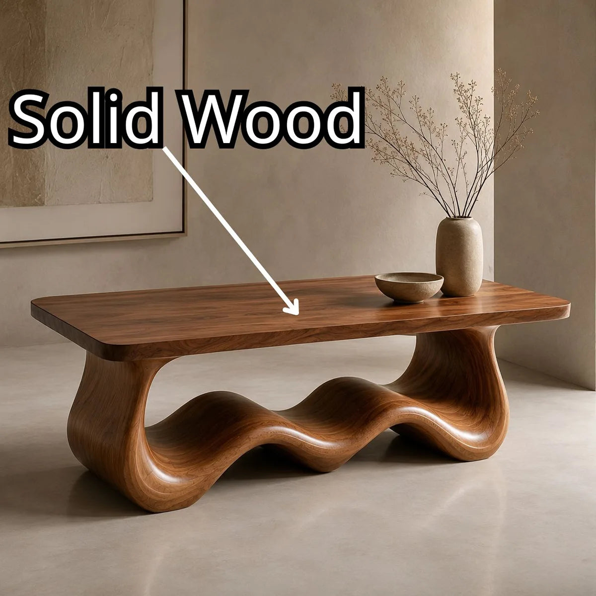 Handcrafted Solid Wood Coffee Table with Sculptural Wave Base TT006-8536