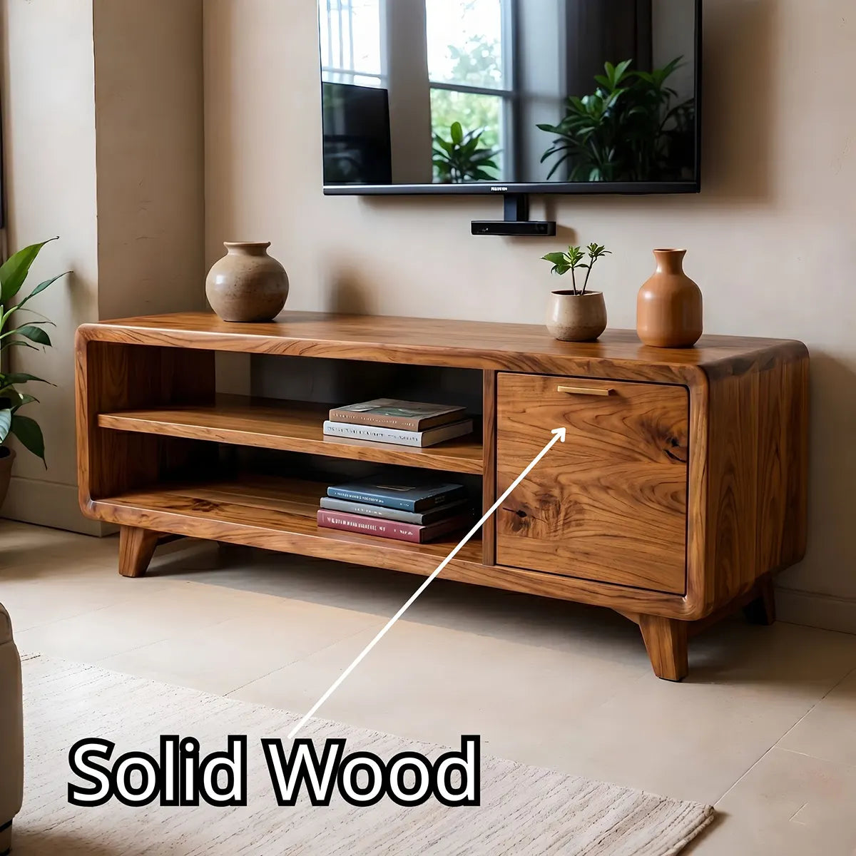 Modern Solid Wood Rounded TV Stand with Cabinet and Open Shelves