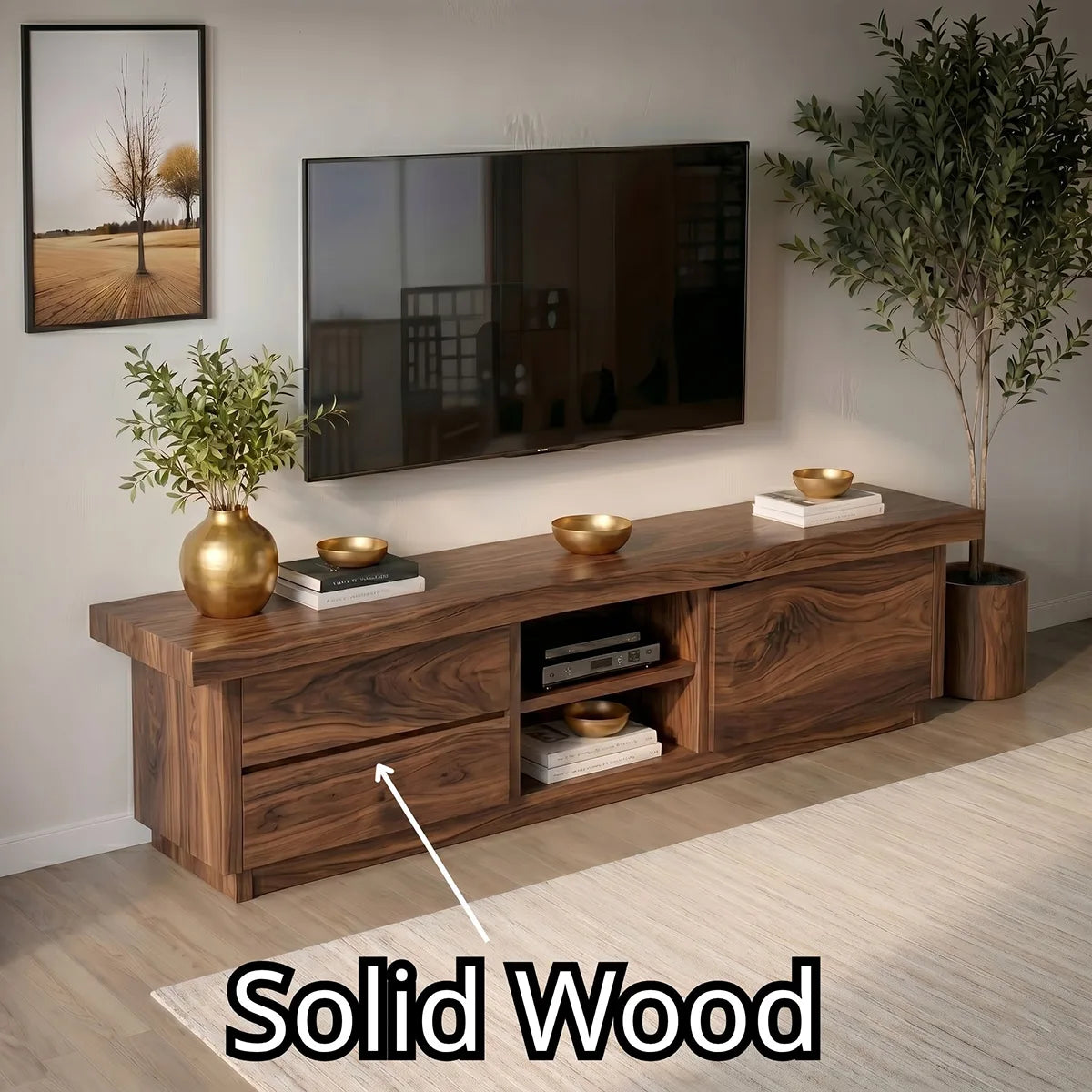 Modern Solid Wood Asymmetrical TV Stand with Mixed Storage