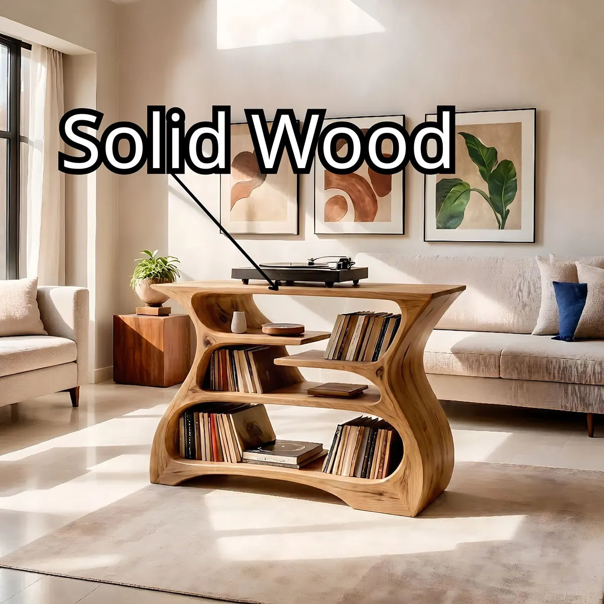 Solid Wood Record Player Stand, Modern Curved Turntable Cabinet with Vinyl Storage
