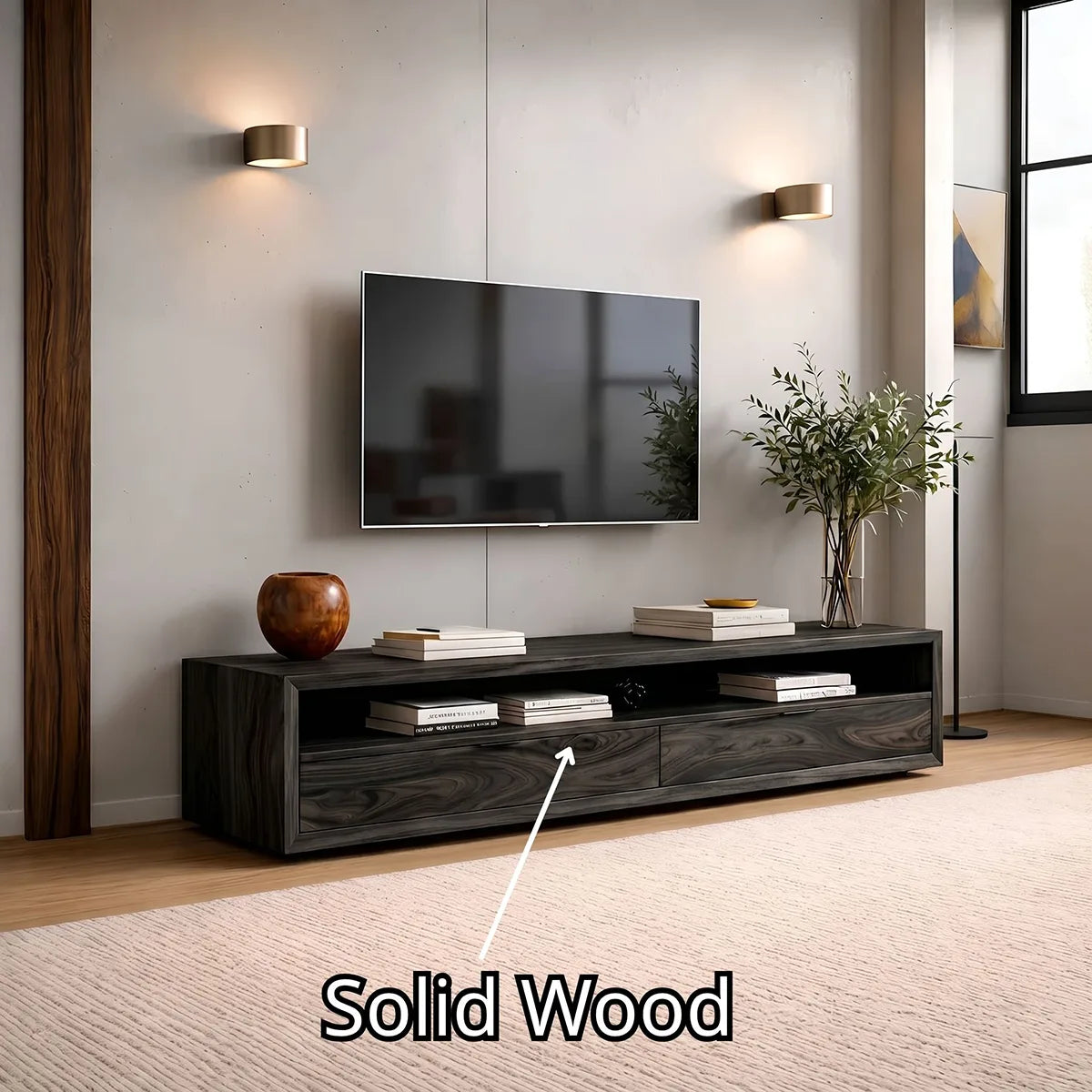 Modern Solid Wood Low Profile TV Stand with Open Shelving