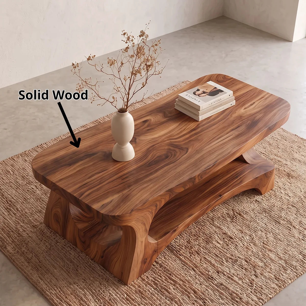 Organic Rectangular Coffee Table with Open Shelf and Sculptural Arch Base TH003-6JFK9PR
