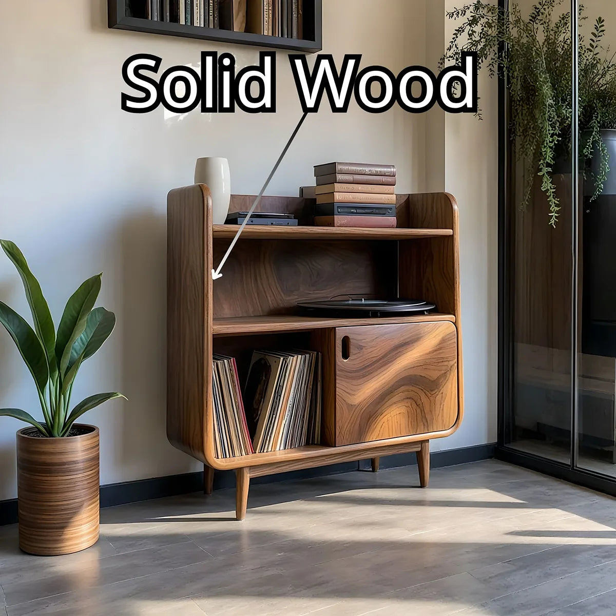 Mid-Century Sculptural Solid Wood Record Player Stand for Living Room