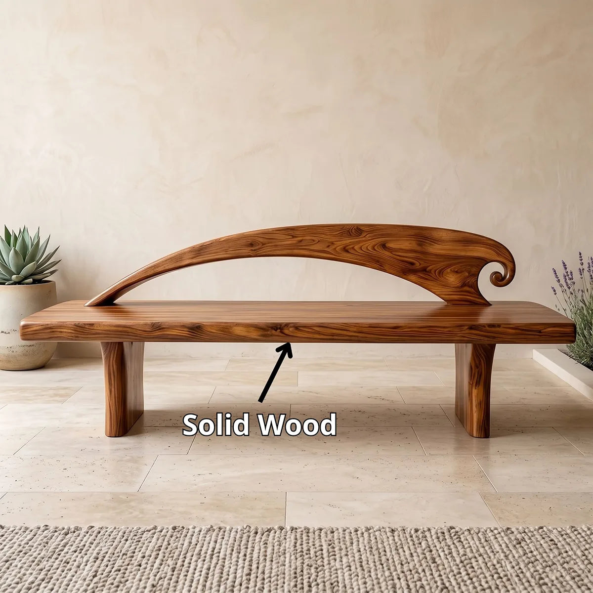 Curved Crest Back Garden Bench, Sculptural Wooden Outdoor Seating TH003-2509